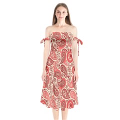 Paisley Red Ornament Texture Shoulder Tie Bardot Midi Dress by nateshop