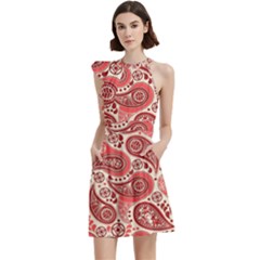 Paisley Red Ornament Texture Cocktail Party Halter Sleeveless Dress With Pockets by nateshop