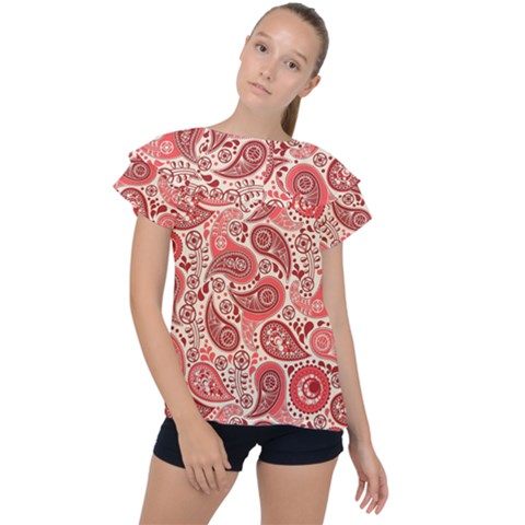 Paisley Red Ornament Texture Ruffle Collar Chiffon Blouse by nateshop