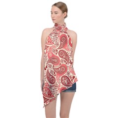 Paisley Red Ornament Texture Halter Asymmetric Satin Top by nateshop