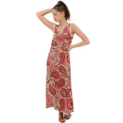 Paisley Red Ornament Texture V-neck Chiffon Maxi Dress by nateshop