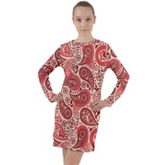 Paisley Red Ornament Texture Long Sleeve Hoodie Dress by nateshop