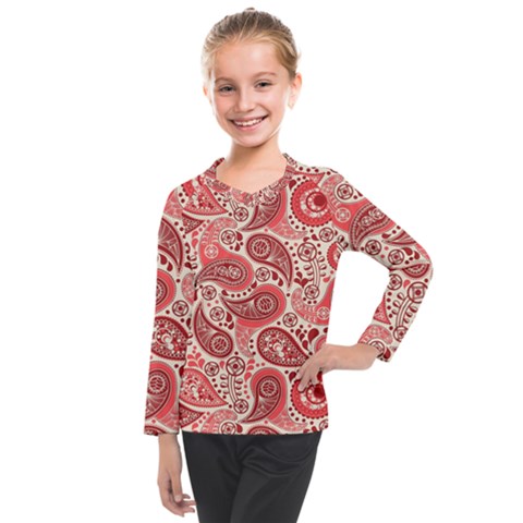 Paisley Red Ornament Texture Kids  Long Mesh T-shirt by nateshop