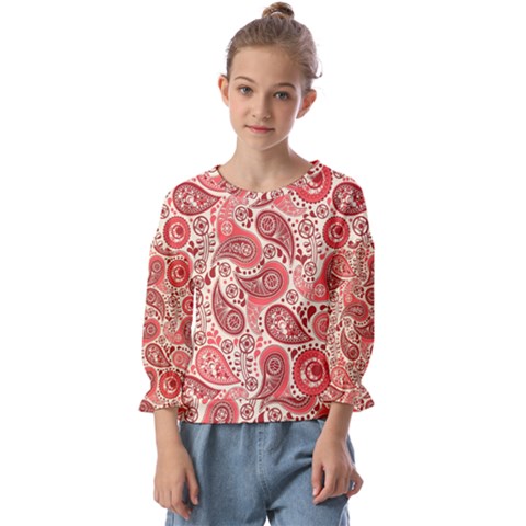 Paisley Red Ornament Texture Kids  Cuff Sleeve Top by nateshop