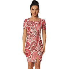 Paisley Red Ornament Texture Fitted Knot Split End Bodycon Dress