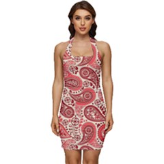 Paisley Red Ornament Texture Sleeveless Wide Square Neckline Ruched Bodycon Dress by nateshop