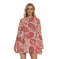 Paisley Red Ornament Texture Round Neck Long Sleeve Bohemian Style Chiffon Mini Dress by nateshop