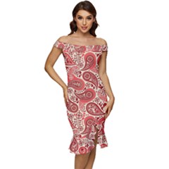 Paisley Red Ornament Texture Off Shoulder Ruffle Split Hem Bodycon Dress by nateshop