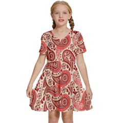 Paisley Red Ornament Texture Kids  Short Sleeve Tiered Mini Dress