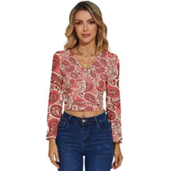 Paisley Red Ornament Texture Long Sleeve V-neck Top by nateshop