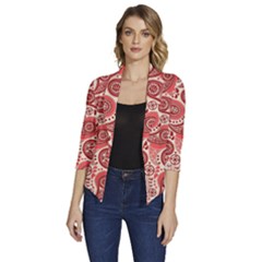 Paisley Red Ornament Texture Women s Draped Front 3/4 Sleeve Shawl Collar Jacket