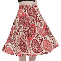 Paisley Red Ornament Texture A-line Full Circle Midi Skirt With Pocket by nateshop