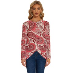 Paisley Red Ornament Texture Long Sleeve Crew Neck Pullover Top by nateshop