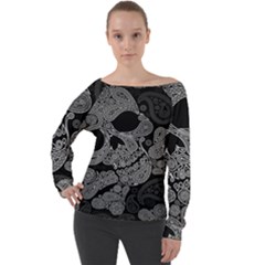 Paisley Skull, Abstract Art Off Shoulder Long Sleeve Velour Top by nateshop