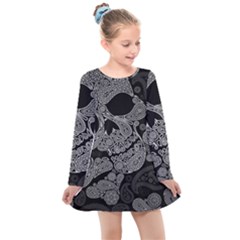 Paisley Skull, Abstract Art Kids  Long Sleeve Dress by nateshop