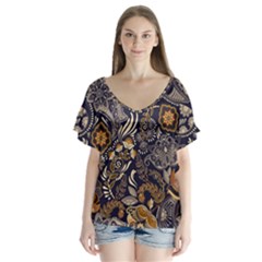 Paisley Texture, Floral Ornament Texture V-neck Flutter Sleeve Top by nateshop