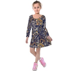 Paisley Texture, Floral Ornament Texture Kids  Long Sleeve Velvet Dress by nateshop