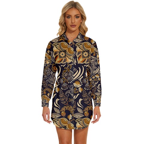 Paisley Texture, Floral Ornament Texture Womens Long Sleeve Shirt Dress by nateshop