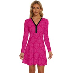 Pink Pattern, Abstract, Background, Bright Long Sleeve Deep V Mini Dress  by nateshop