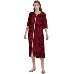 Red Floral Pattern Floral Greek Ornaments Women s Cotton 3/4 Sleeve Nightgown by nateshop