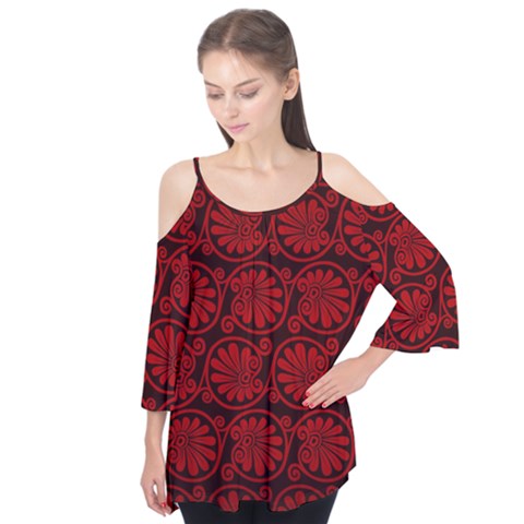 Red Floral Pattern Floral Greek Ornaments Flutter Sleeve T-shirt  by nateshop