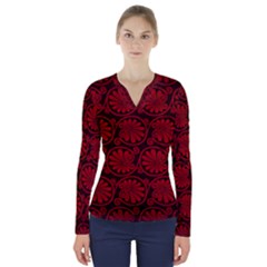 Red Floral Pattern Floral Greek Ornaments V-neck Long Sleeve Top by nateshop