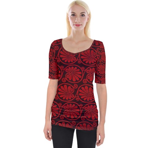 Red Floral Pattern Floral Greek Ornaments Wide Neckline T-shirt by nateshop