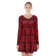 Red Floral Pattern Floral Greek Ornaments Long Sleeve Velvet V-neck Dress by nateshop