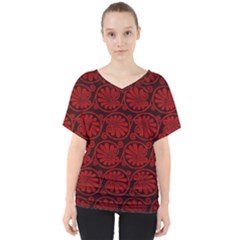 Red Floral Pattern Floral Greek Ornaments V-neck Dolman Drape Top by nateshop