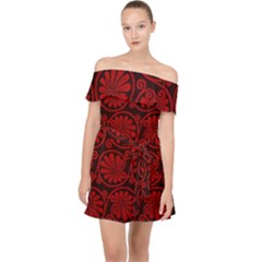 Red Floral Pattern Floral Greek Ornaments Off Shoulder Chiffon Dress by nateshop