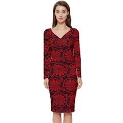 Red Floral Pattern Floral Greek Ornaments Long Sleeve V-neck Bodycon Dress  by nateshop