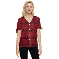 Red Floral Pattern Floral Greek Ornaments Bow Sleeve Button Up Top by nateshop