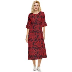 Red Floral Pattern Floral Greek Ornaments Double Cuff Midi Dress by nateshop