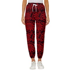 Red Floral Pattern Floral Greek Ornaments Women s Cropped Drawstring Pants by nateshop