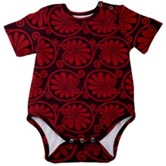 Red Floral Pattern Floral Greek Ornaments Baby Short Sleeve Bodysuit by nateshop