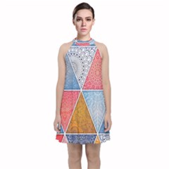 Texture With Triangles Velvet Halter Neckline Dress  by nateshop