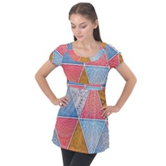 Texture With Triangles Puff Sleeve Tunic Top