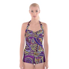 Violet Paisley Background, Paisley Patterns, Floral Patterns Boyleg Halter Swimsuit  by nateshop