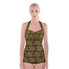 Yellow Floral Pattern Floral Greek Ornaments Boyleg Halter Swimsuit  by nateshop