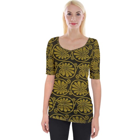 Yellow Floral Pattern Floral Greek Ornaments Wide Neckline T-shirt by nateshop