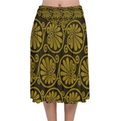 Yellow Floral Pattern Floral Greek Ornaments Velvet Flared Midi Skirt by nateshop