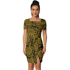 Yellow Floral Pattern Floral Greek Ornaments Fitted Knot Split End Bodycon Dress by nateshop