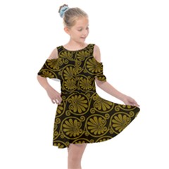 Yellow Floral Pattern Floral Greek Ornaments Kids  Shoulder Cutout Chiffon Dress by nateshop