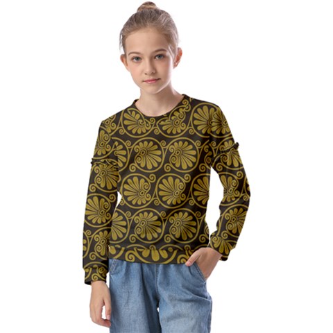 Yellow Floral Pattern Floral Greek Ornaments Kids  Long Sleeve T-shirt With Frill  by nateshop