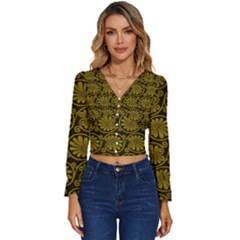 Yellow Floral Pattern Floral Greek Ornaments Long Sleeve V-neck Top by nateshop