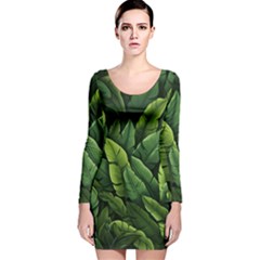 Green Leaves Long Sleeve Velvet Bodycon Dress