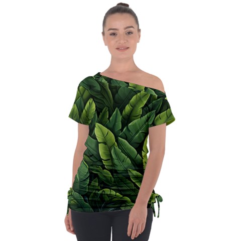 Green Leaves Off Shoulder Tie-up T-shirt by goljakoff