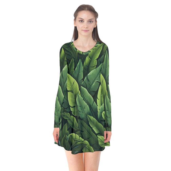 Green leaves Long Sleeve V-neck Flare Dress