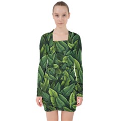 Green Leaves V-neck Bodycon Long Sleeve Dress by goljakoff