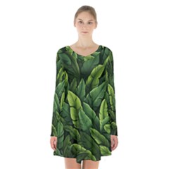 Green Leaves Long Sleeve Velvet V-neck Dress